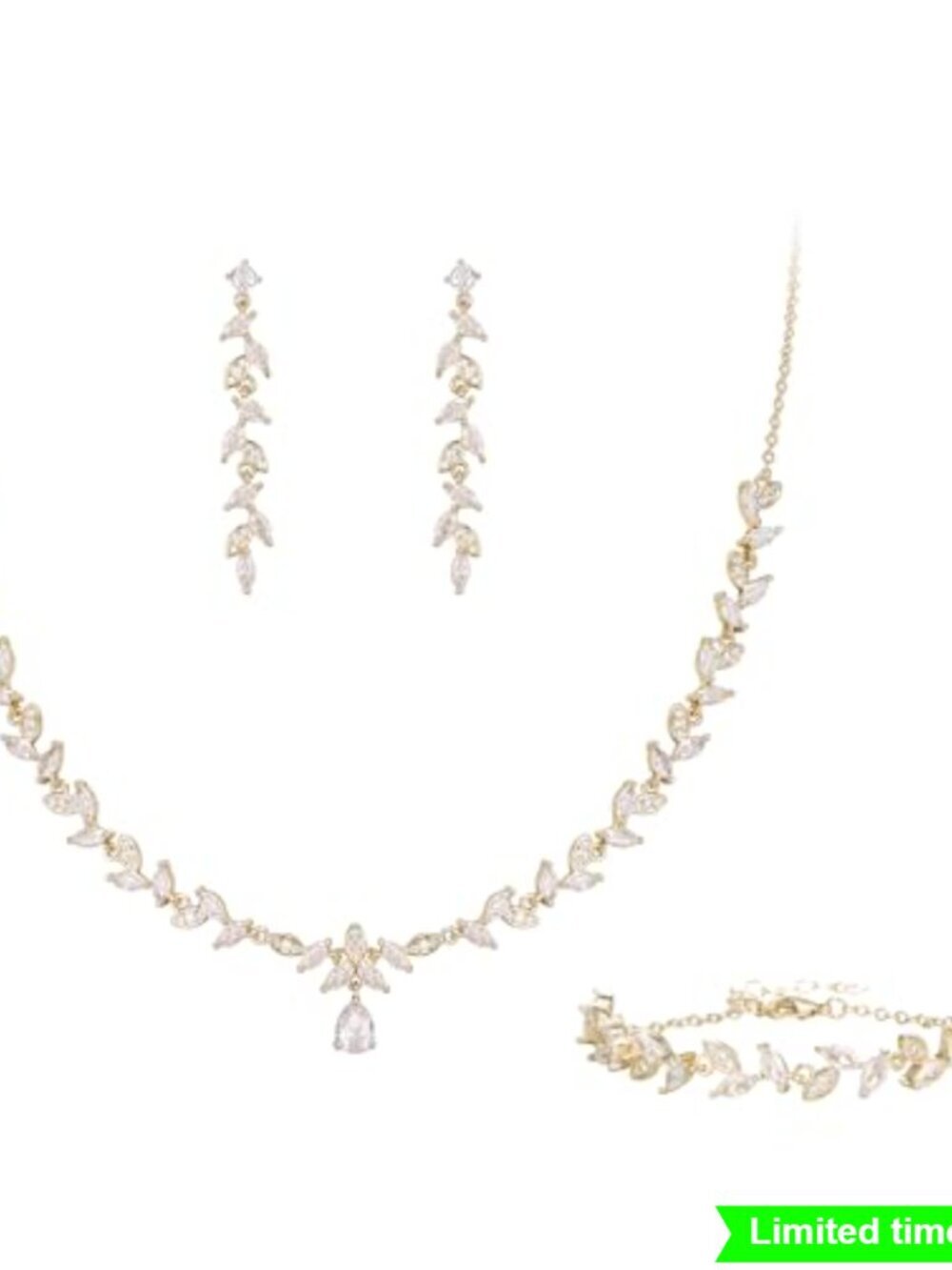 Cubic Zirconia Flower Drop Jewelry Set - Necklace Earrings Bracelet, Wedding